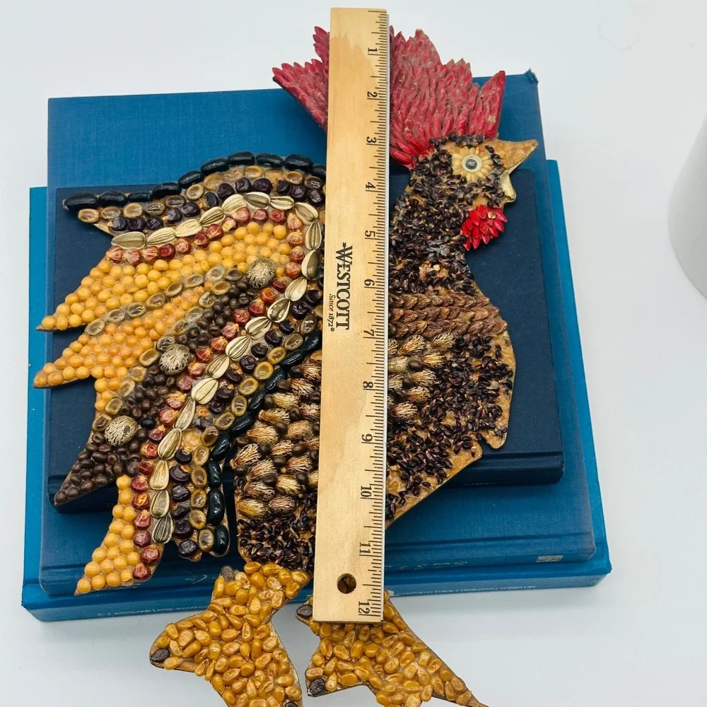 Handmade Vintage Seed‎ Art Rooster Mosaic Folk Art Wall Decor Farmhouse Bird